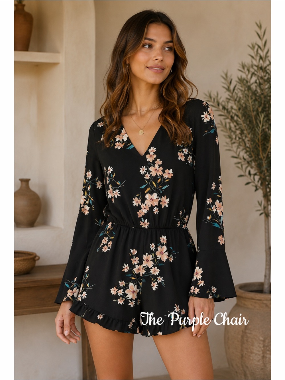 URBAN OUTFITTERS NWT Black Floral Long Sleeve Open Back Ruffle Hem Romper